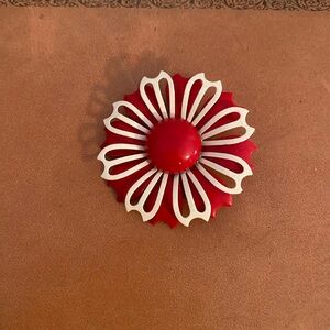 Vintage 1960s Red and White Flower Brooch